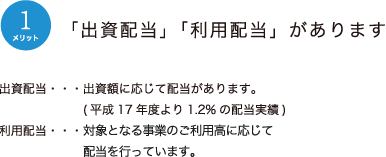 メリット1：「出資配当」「利用配当」があります。出資配当・・・出資額に応じて配当があります。(平成17年度より1.2%の配当)利用配当・・・対象となる事業のご利用高に応じて配当を行っています。