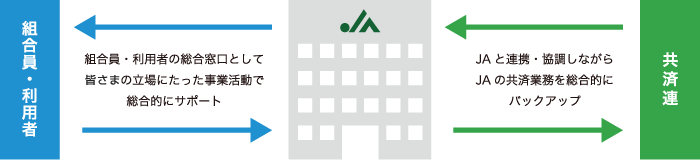 JAの役割説明 / 組合員・利用者⇄（組合員・利用者の総合窓口としてみなさまの立場にたった事業活動で総合的にサポート）⇄JA⇄（JAと連携・協調しながらJAの共済業務を総合的にバックアップ）⇄共済連
